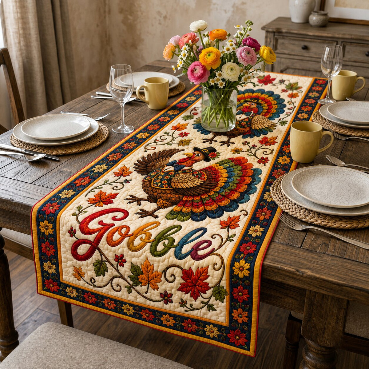 Turkey Fall Feast Quilted Table Runner GFTONPT163
