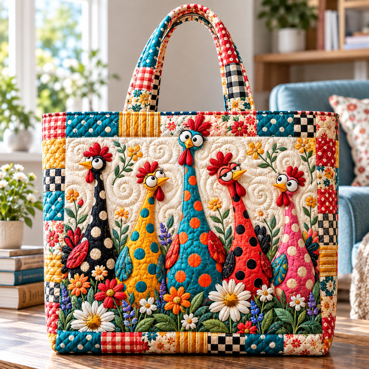 Whimsical Chicken Garden Quilted Tote Bag GFTONPT1643
