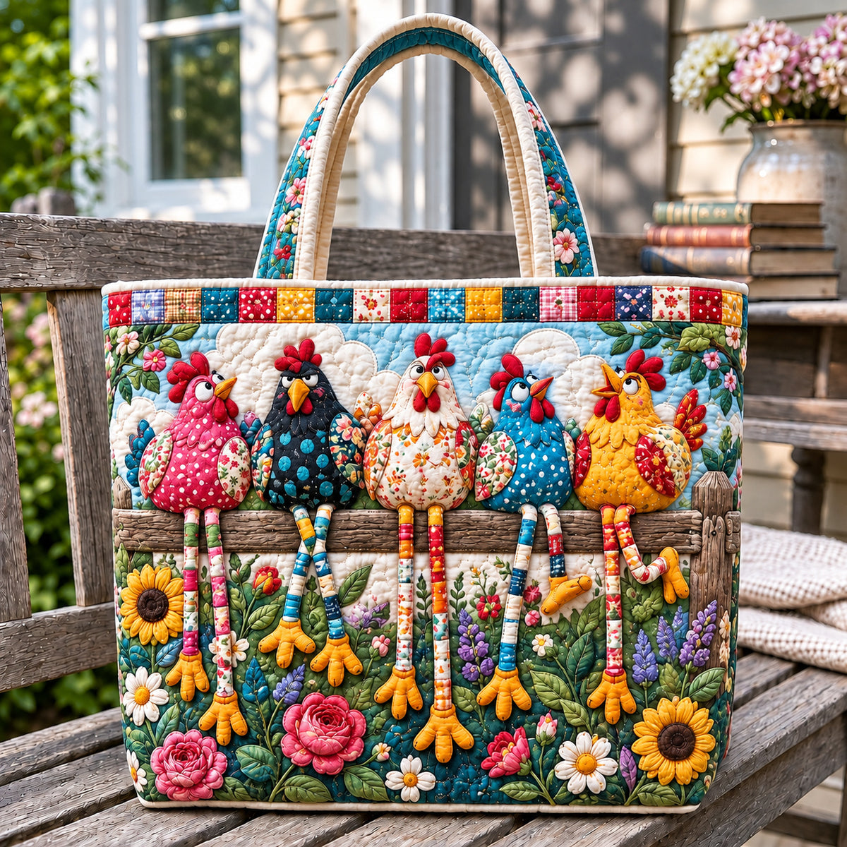 Whimsical Chicken Farm Quilted Tote Bag GFTONPT1646
