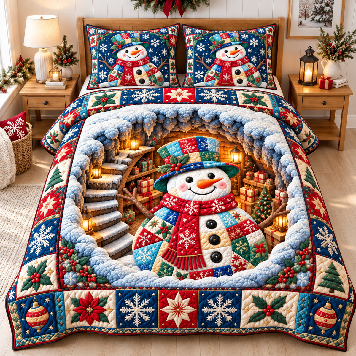 Snowman Merry Christmas 3-Piece Quilted Bedding Set GFTONPT1747