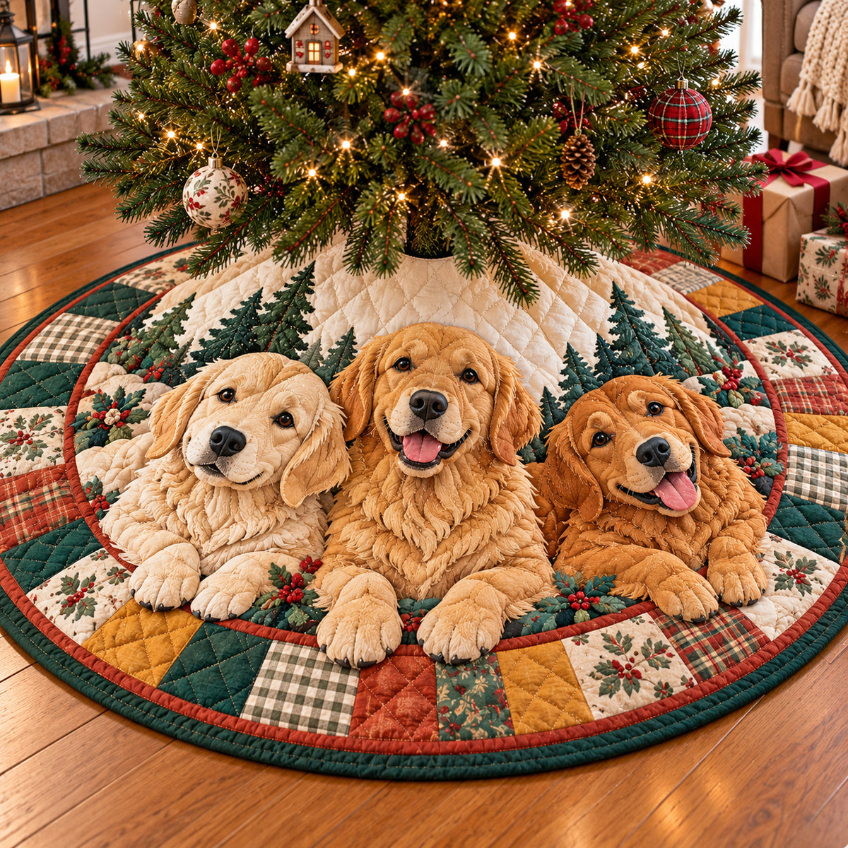 Golden Retriever Patchwork Quilted Tree Skirt GFTONPT2297