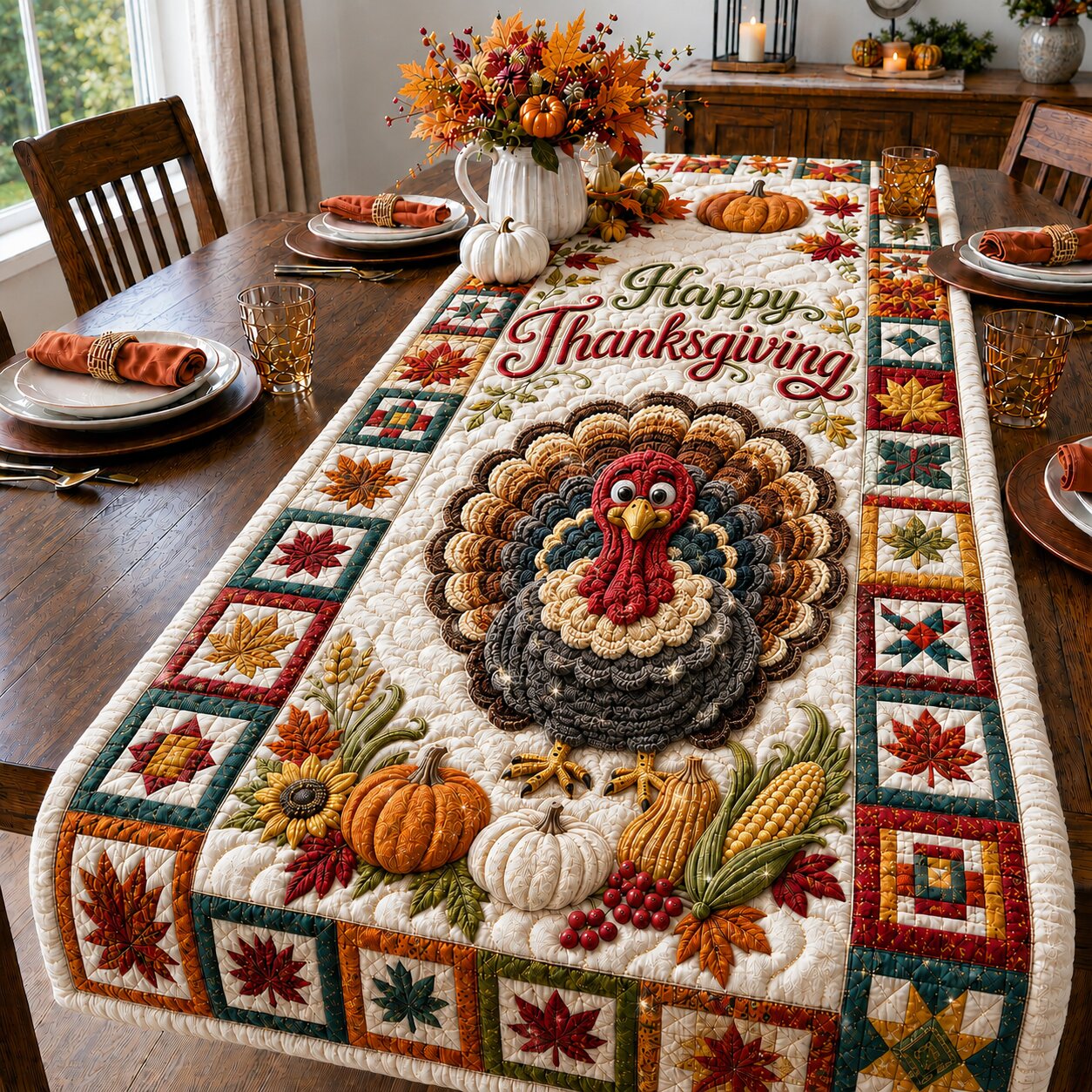 Turkey Gathering Quilted Table Runner GFTONPT239