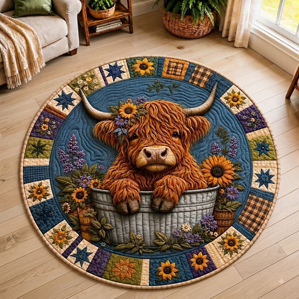 Highland Cow Charm Quilted Round Mat GFTONPT277