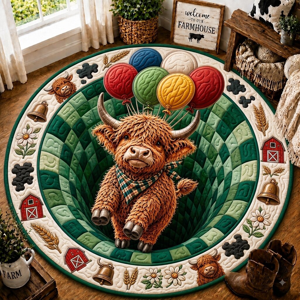 Highland Cow Farm Quilted Round Mat GFTONPT279