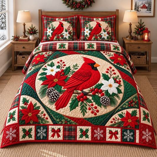 Christmas Cardinal Wishes 3-Piece Quilted Bedding Set GFTONPT781