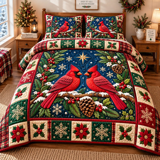 Christmas Cardinal Dreams 3-Piece Quilted Bedding Set GFTONPT784