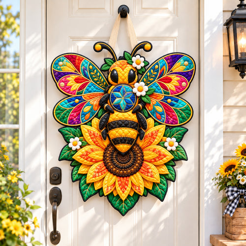 Bee Sunflower Whimsy Custom Shape Quilted Door Hanger GFTONPT988