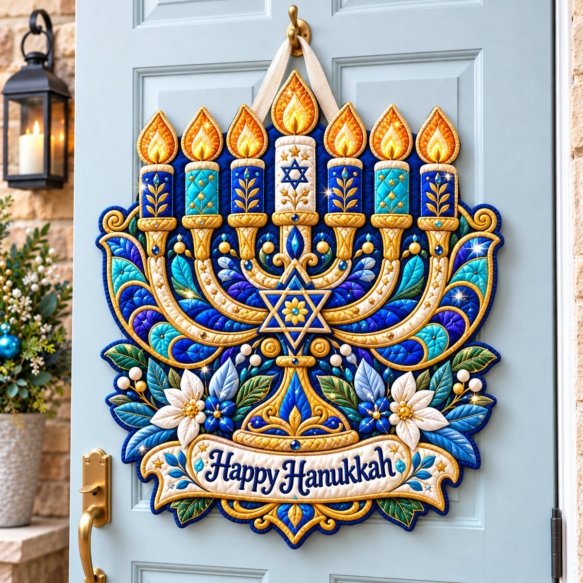Jeweled Menorah Bloom Custom Shape Quilted Door Hanger GFTONPT992