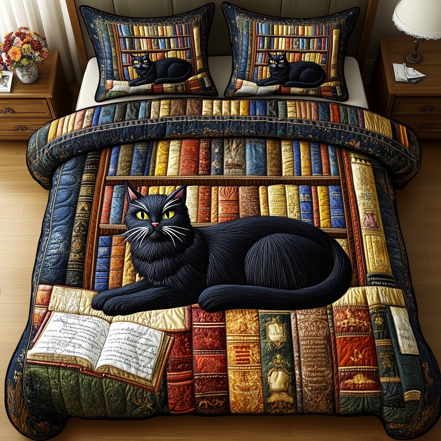 Cat Library 3-Piece Quilted Bedding Set GFTONT1248