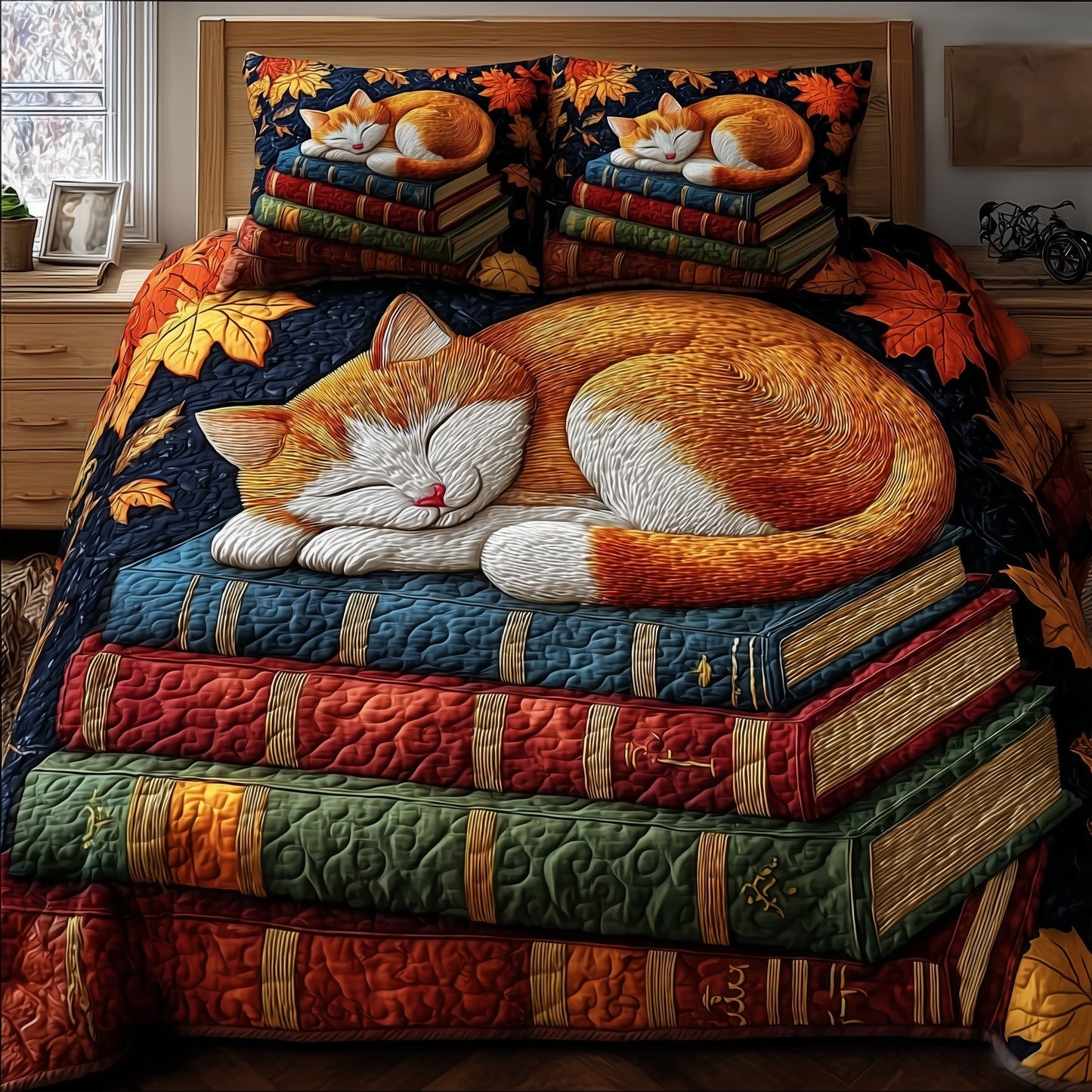 Cat and Book 3-Piece Quilted Bedding Set GFTONT1473