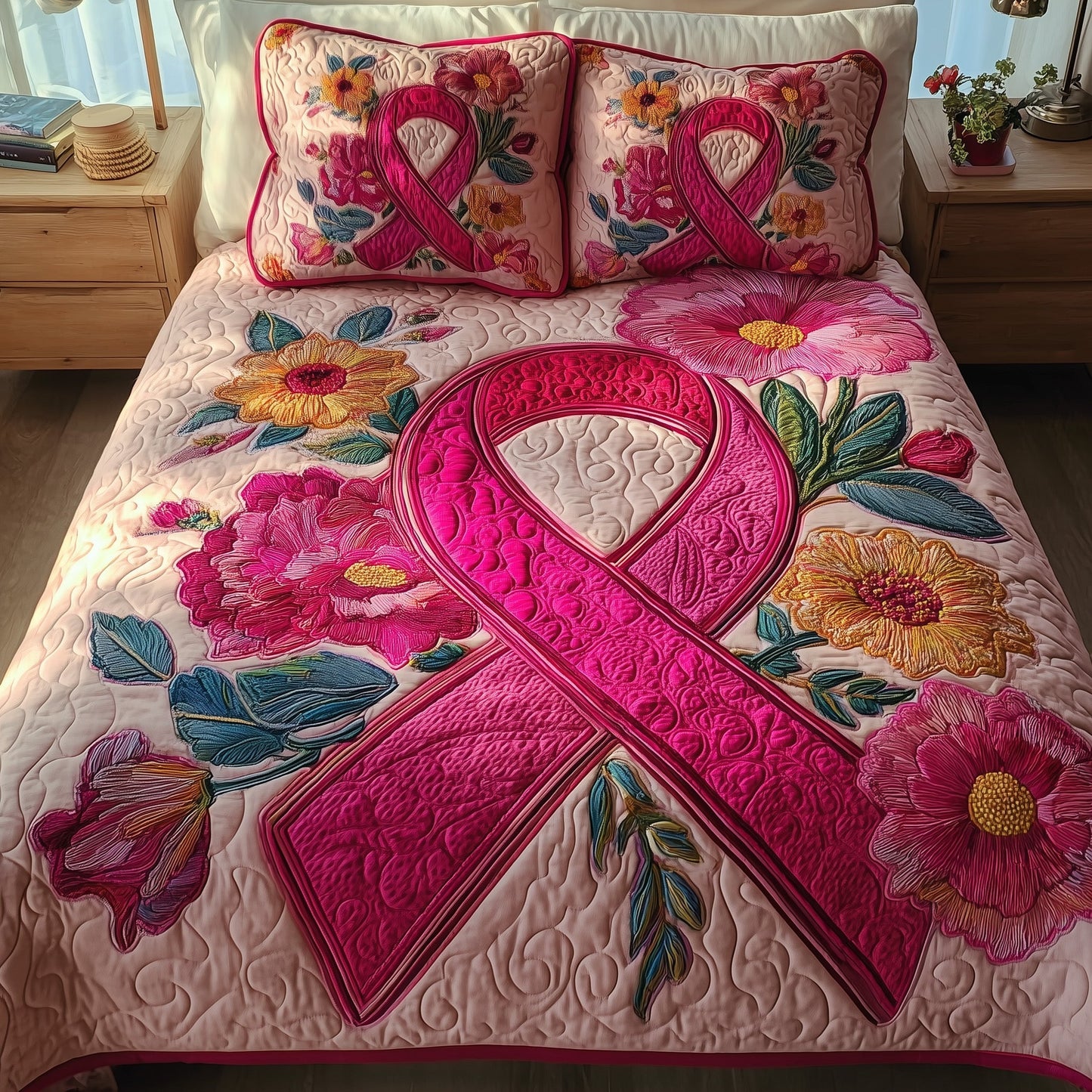 Breast Cancer Ribbon 3-Piece Quilted Bedding Set GFTONT1563