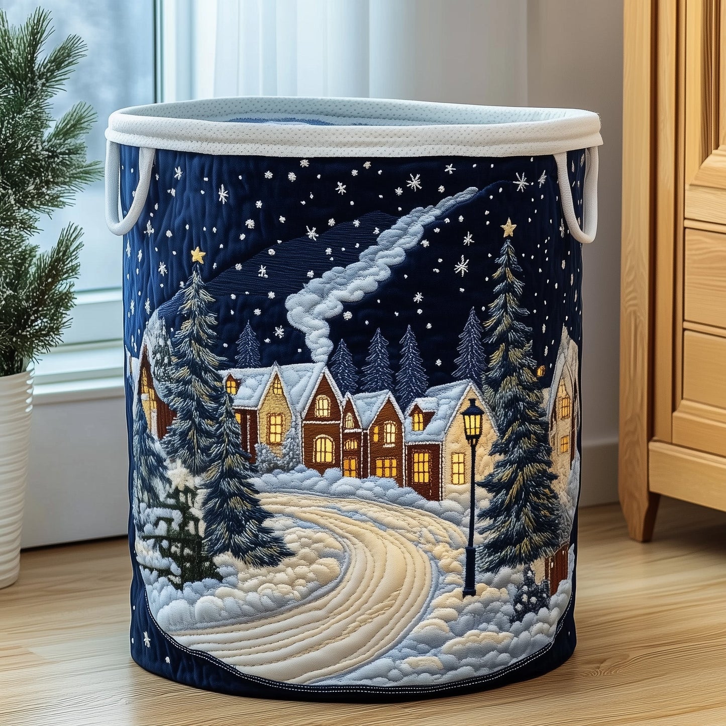 Snowy Cottage Quilted Laundry Basket GFTONT3356