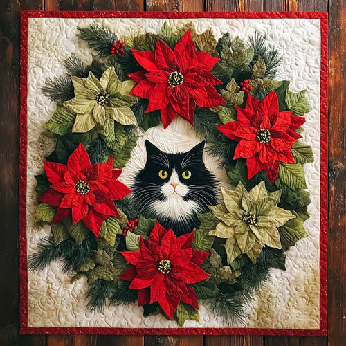 Poinsettia Cat Quilted Table Topper GFTONT3875