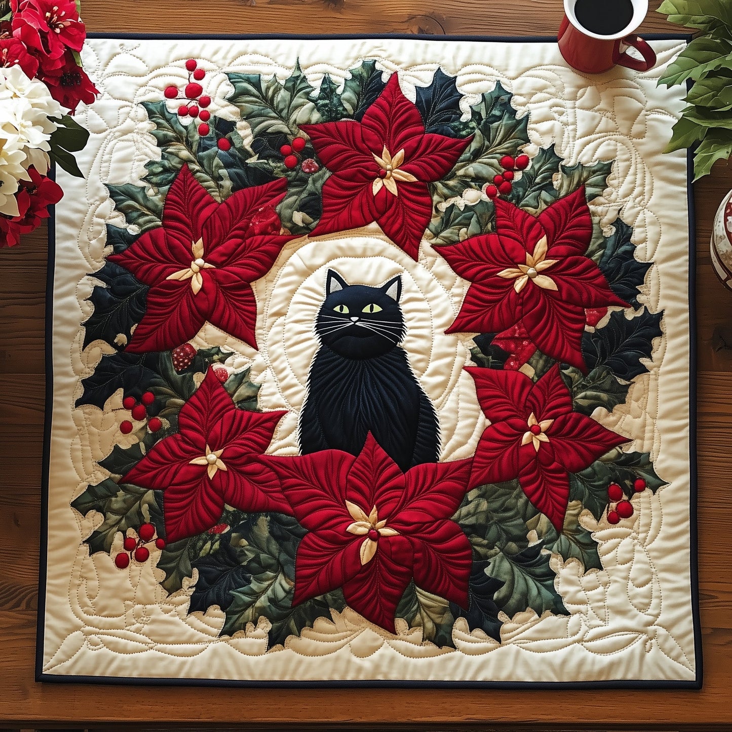 Poinsettia Cat Quilted Table Topper GFTONT3876