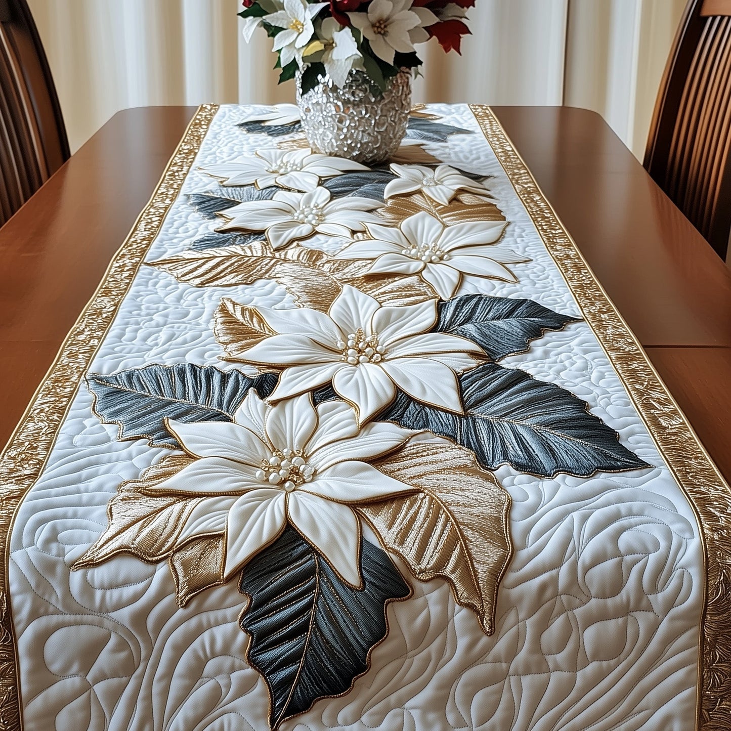 Festive Poinsettia Quilted Table Runner GFTONT3917