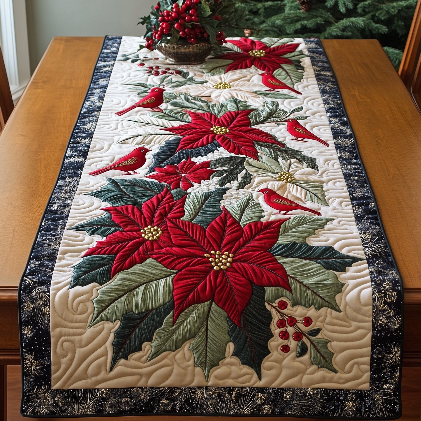 Festive Poinsettia Quilted Table Runner GFTONT3918