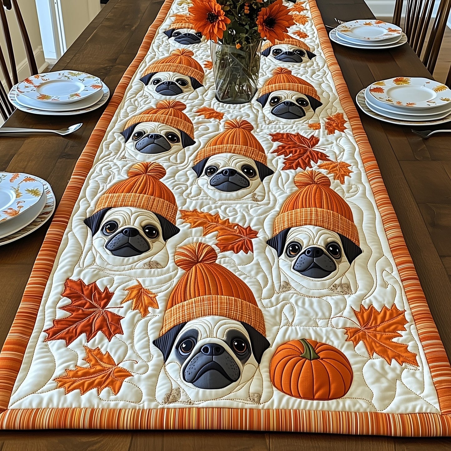 Autumn Pug Joy Quilted Table Runner GFTONT4065