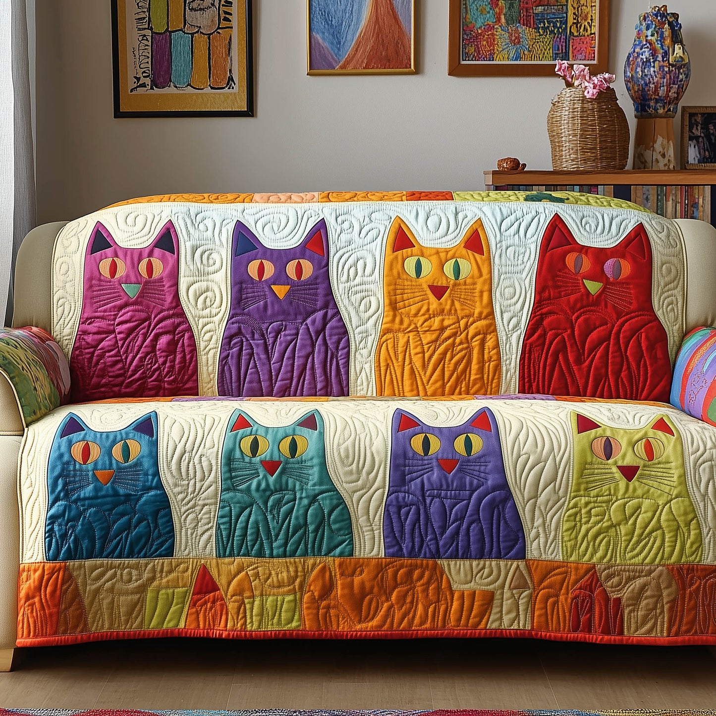 Whimsy Cat Quilted Sofa Cover GFTONT4972