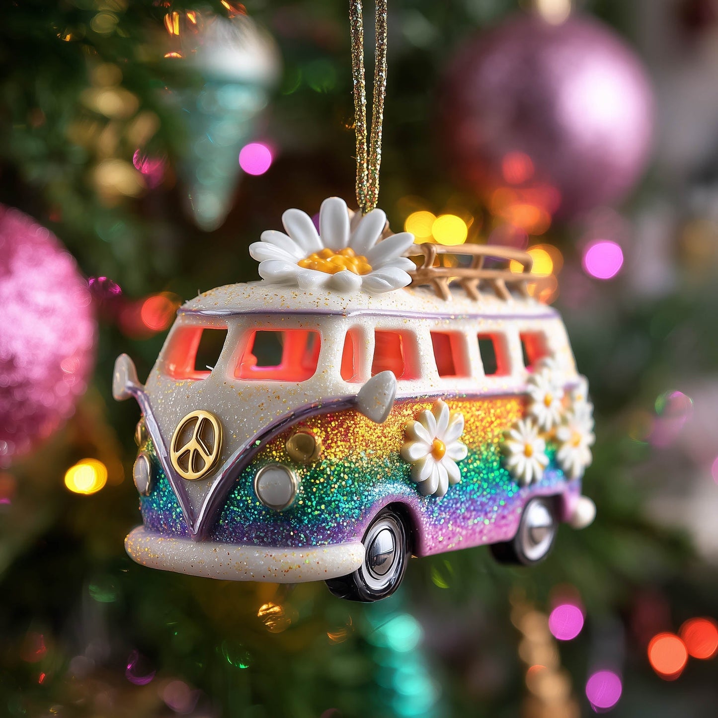 Festive Hippie Van Christmas Mica Ornament GFTONT5153