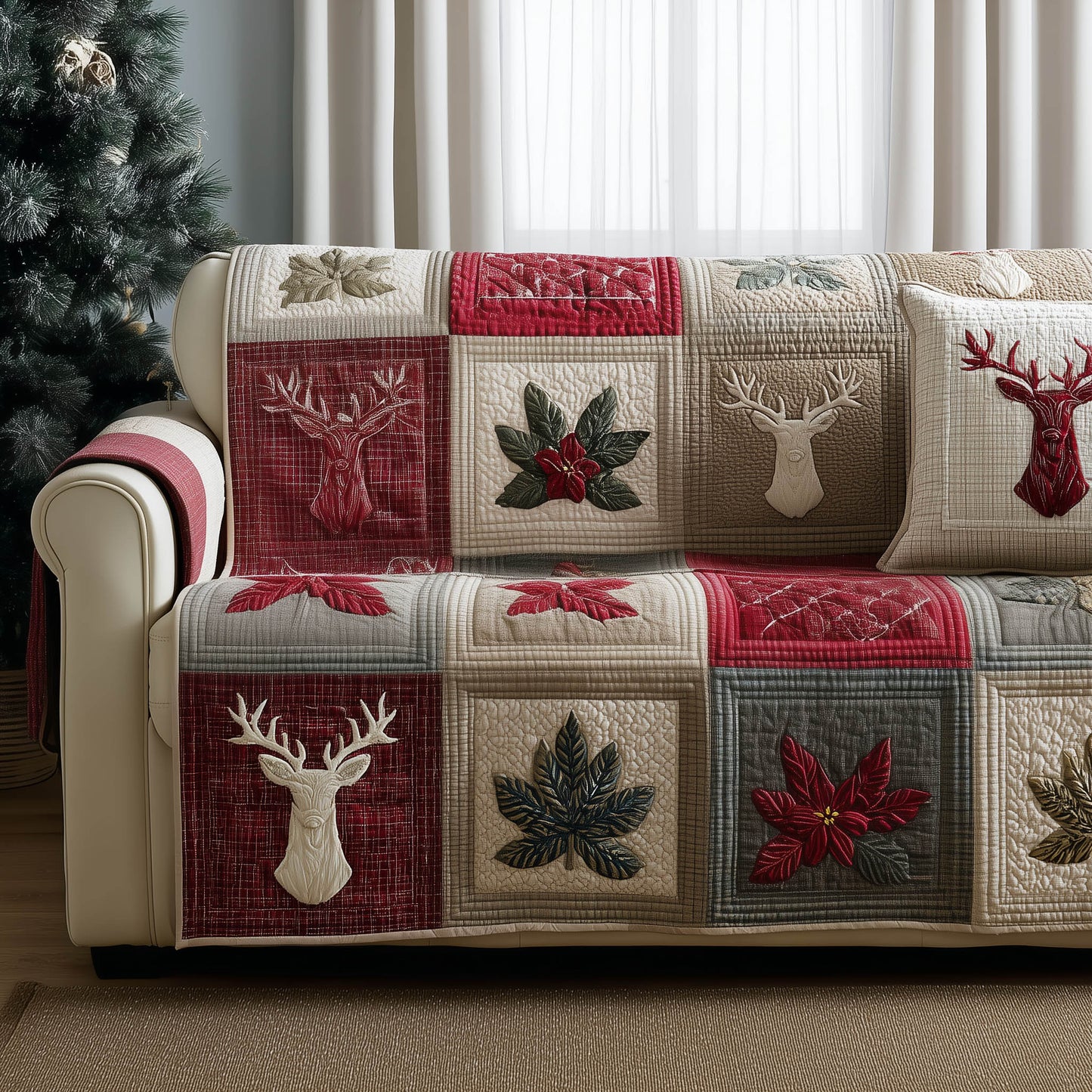 Festive Deer Quilted Sofa Cover GFTONT5288