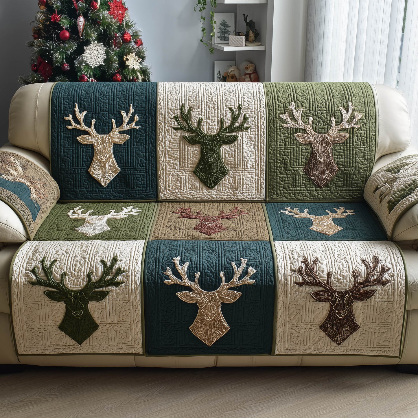 Festive Deer Quilted Sofa Cover GFTONT5289