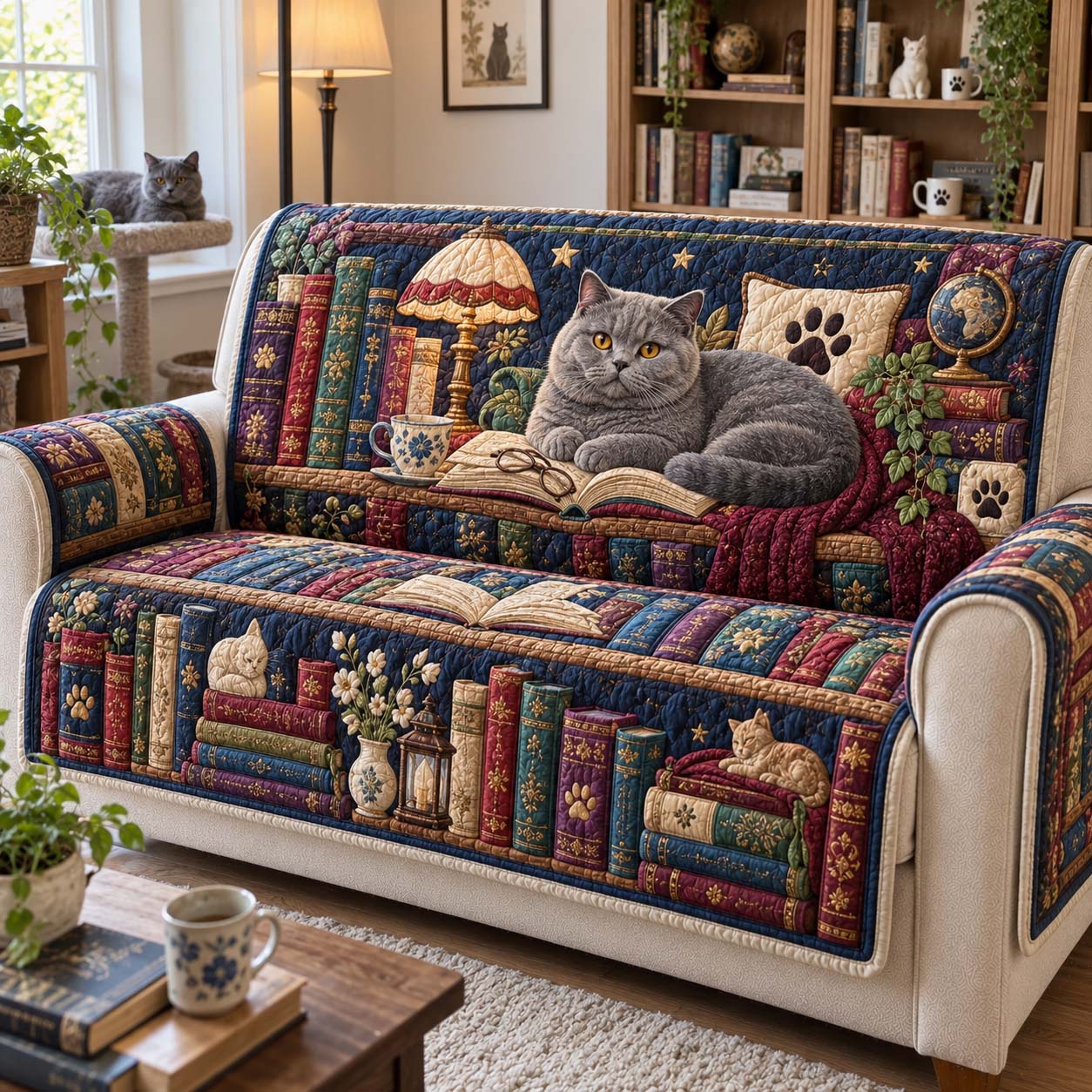 Cozy Cats And Chapters Quilted Sofa Cover GFTONTD2791