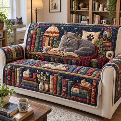 Cozy Cats And Chapters Quilted Sofa Cover GFTONTD2791