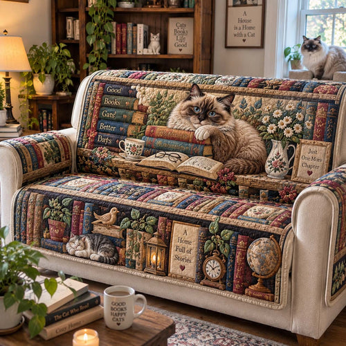 Cozy Cats And Chapters Quilted Sofa Cover GFTONTD2792