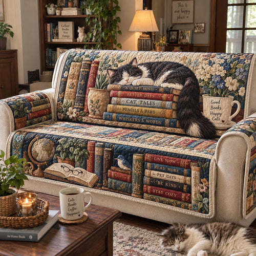 Cozy Cats And Chapters Quilted Sofa Cover GFTONTD2793