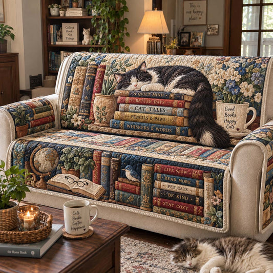 Cozy Cats And Chapters Quilted Sofa Cover GFTONTD2793