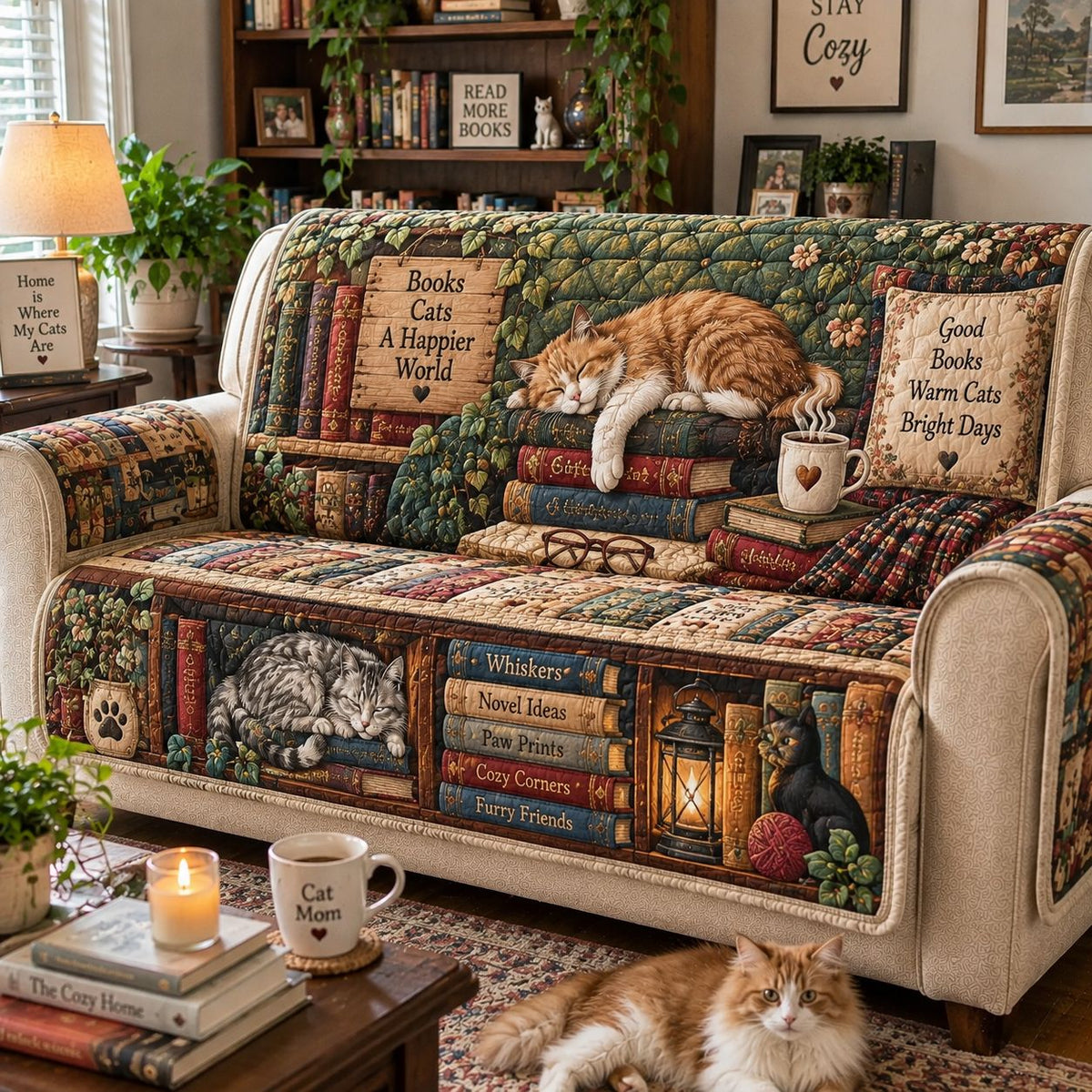 Cozy Cats And Chapters Quilted Sofa Cover GFTONTD2794
