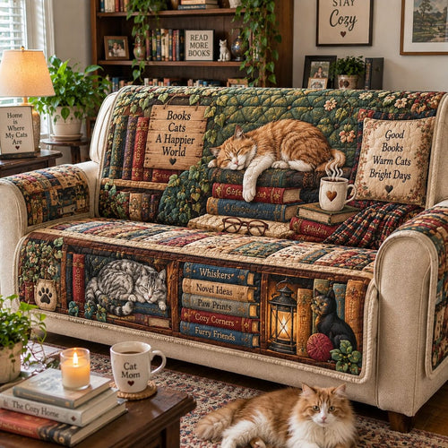 Cozy Cats And Chapters Quilted Sofa Cover GFTONTD2794