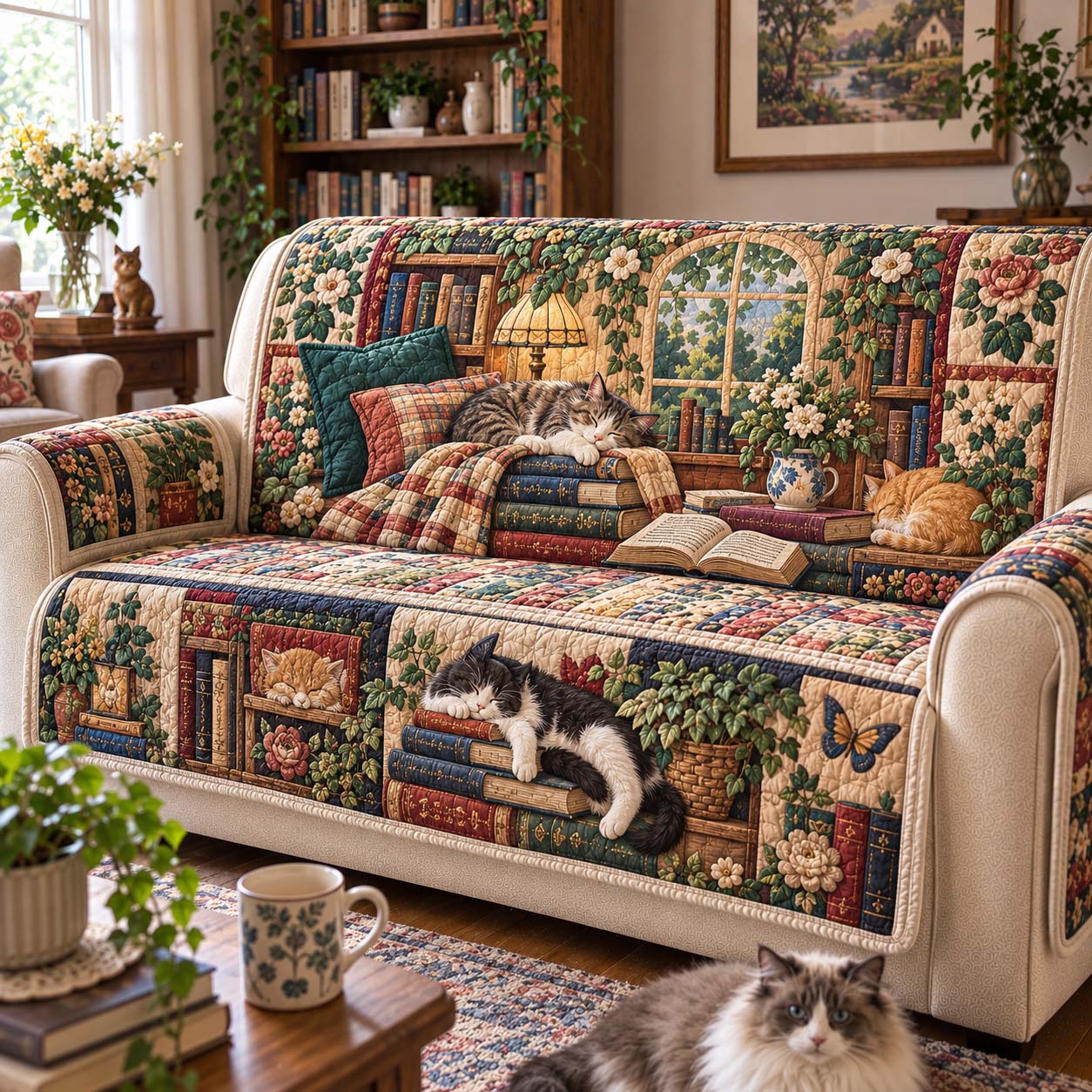 Cozy Cats And Chapters Quilted Sofa Cover GFTONTD2795