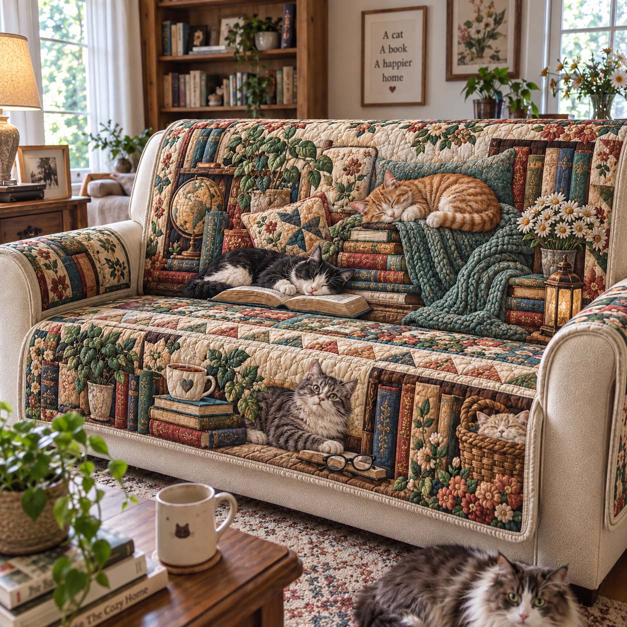Cozy Cats And Chapters Quilted Sofa Cover GFTONTD2796
