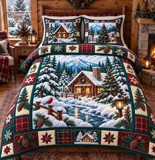 Cabin Christmas Retreat 3-Piece Quilted Bedding Set GFTONTD2912