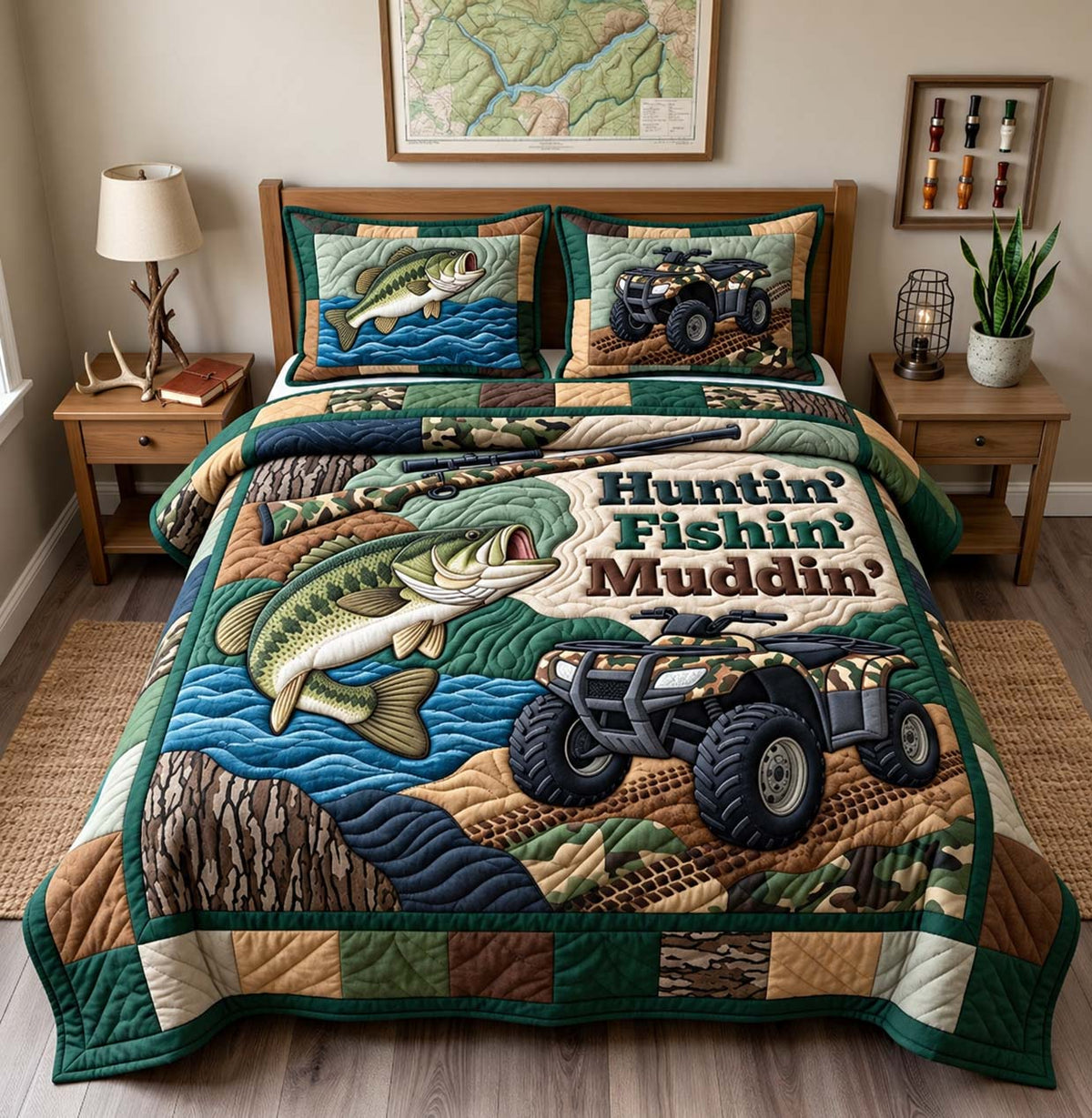 Hunt And Fish 3-Piece Quilted Bedding Set GFTONTD2961
