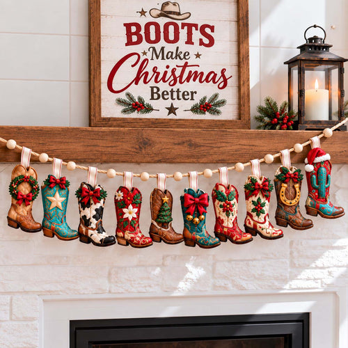 Christmas Cowboy Boots Custom Shape Quilted Garland GFTONTD2987