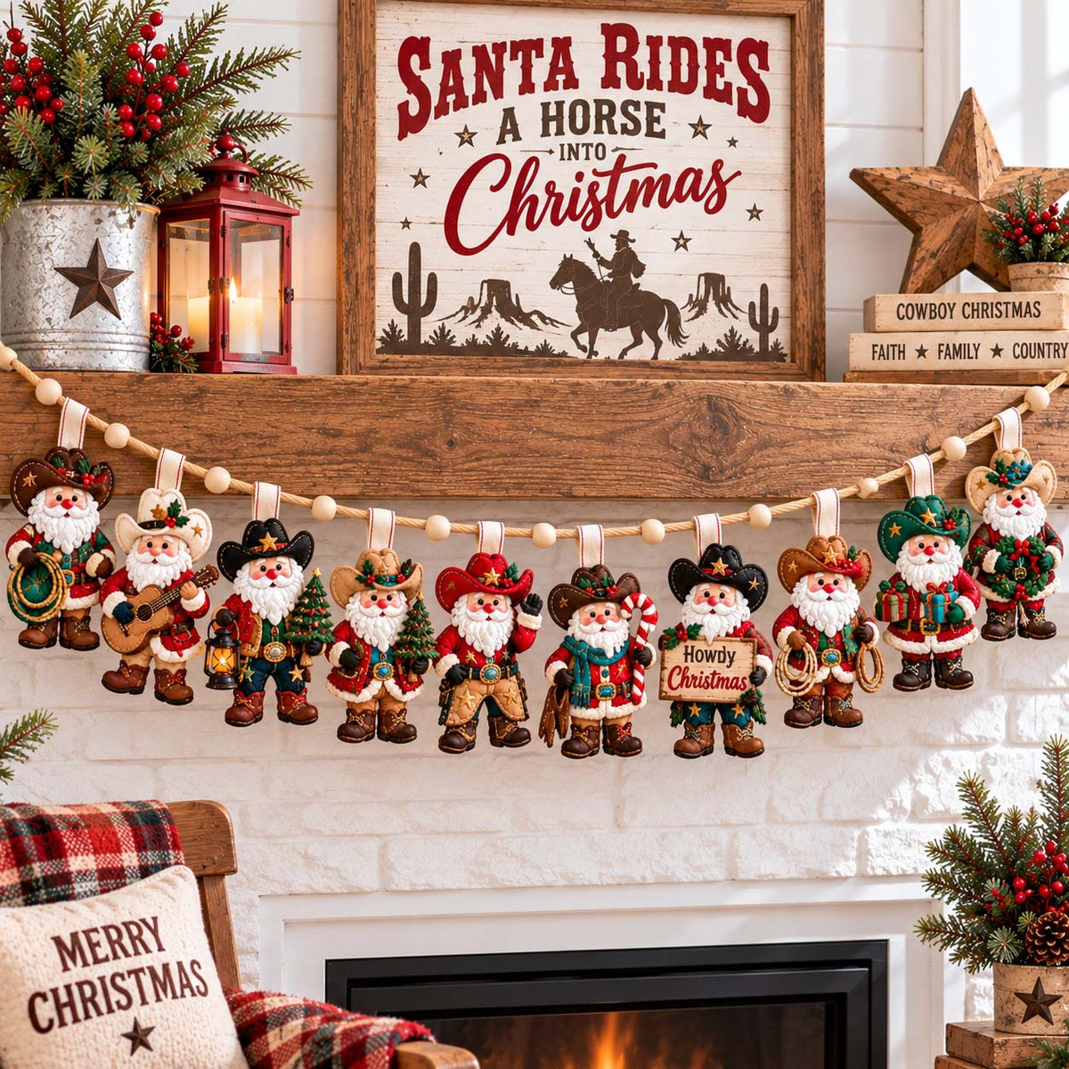 Santa Cowboy Christmas Custom Shape Quilted Garland GFTONTD2988