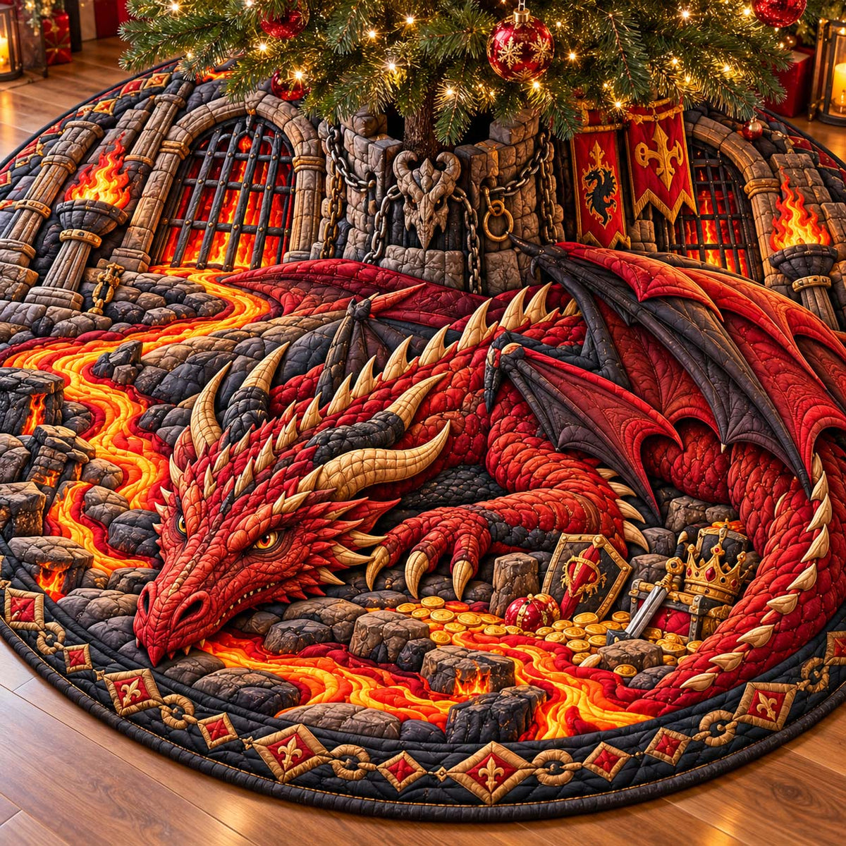 Fire Dungeon Dragon Quilted Tree Skirt GFTONTD3326