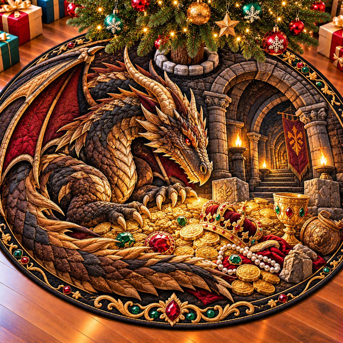Dragon Treasure Vault Quilted Tree Skirt GFTONTD3331