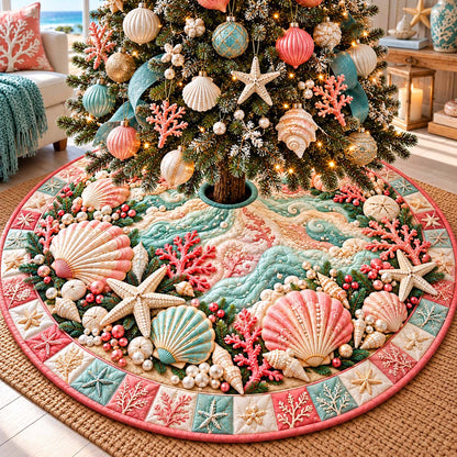 Coral Seashell Christmas Quilted Tree Skirt GFTONTD3337