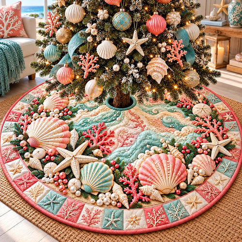 Coral Seashell Christmas Quilted Tree Skirt GFTONTD3337