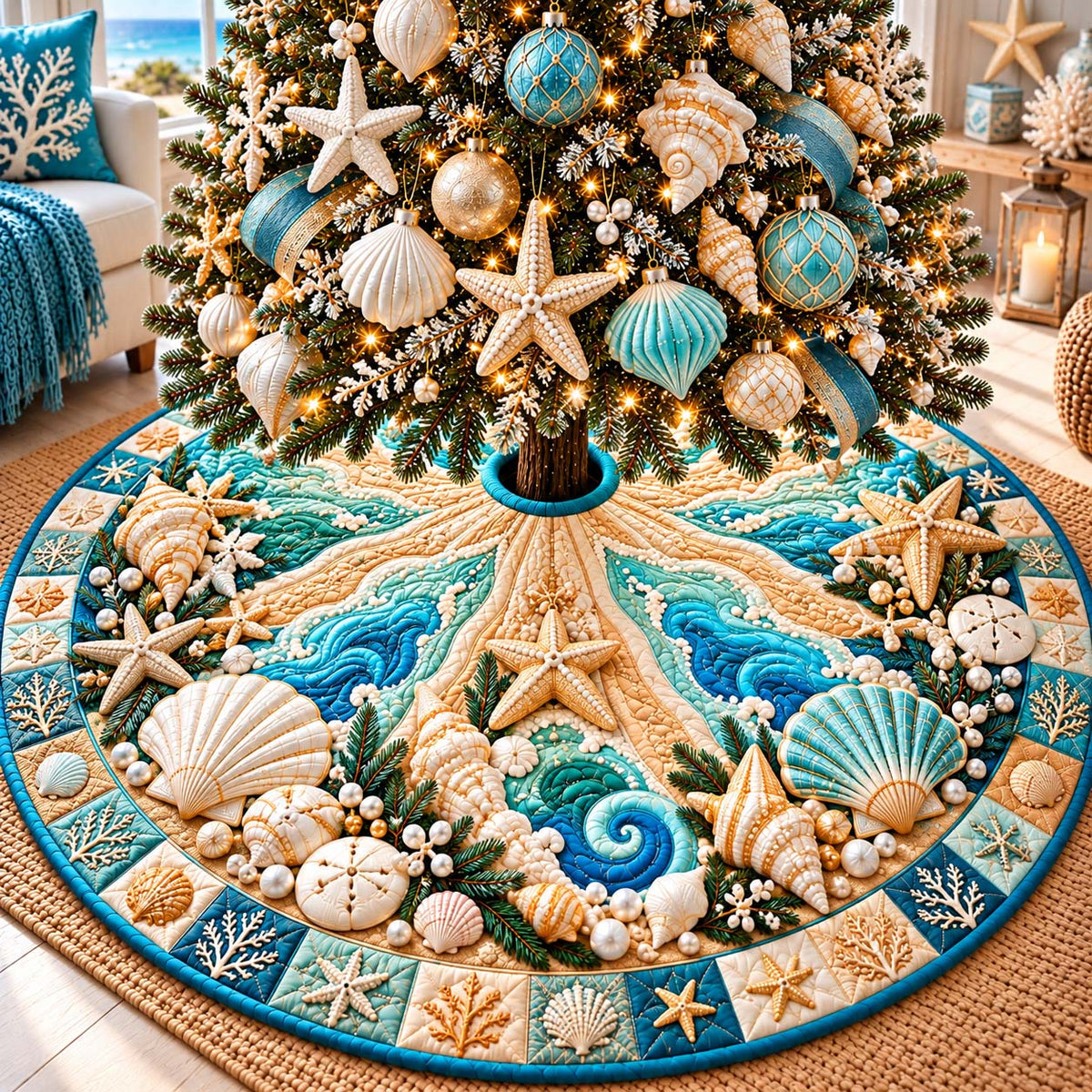 Starfish Coastal Christmas Quilted Tree Skirt GFTONTD3338