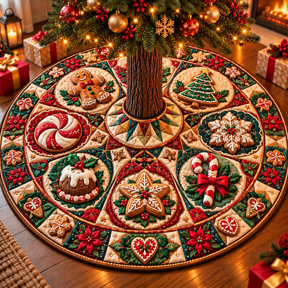 Gingerbread Cookie Medallion Quilted Tree Skirt GFTONTD3370
