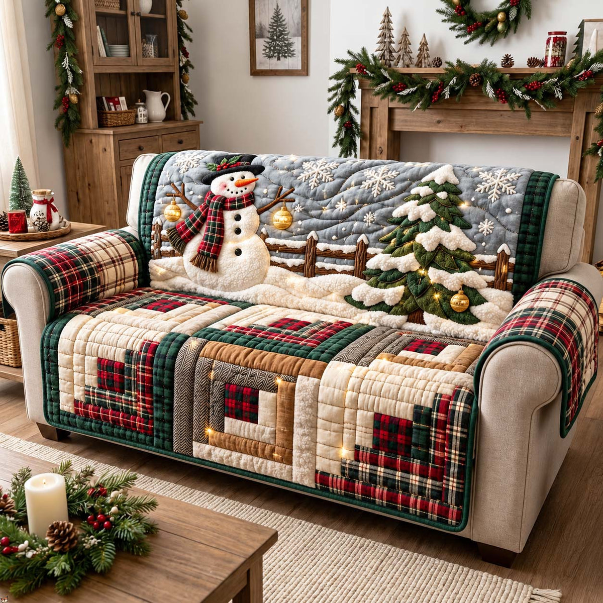 Plaid Snowman Wishes Quilted Sofa Cover GFTONTD3466
