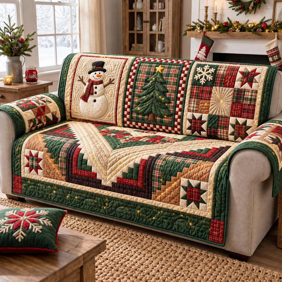 Patchwork Snowman Christmas Quilted Sofa Cover GFTONTD3468