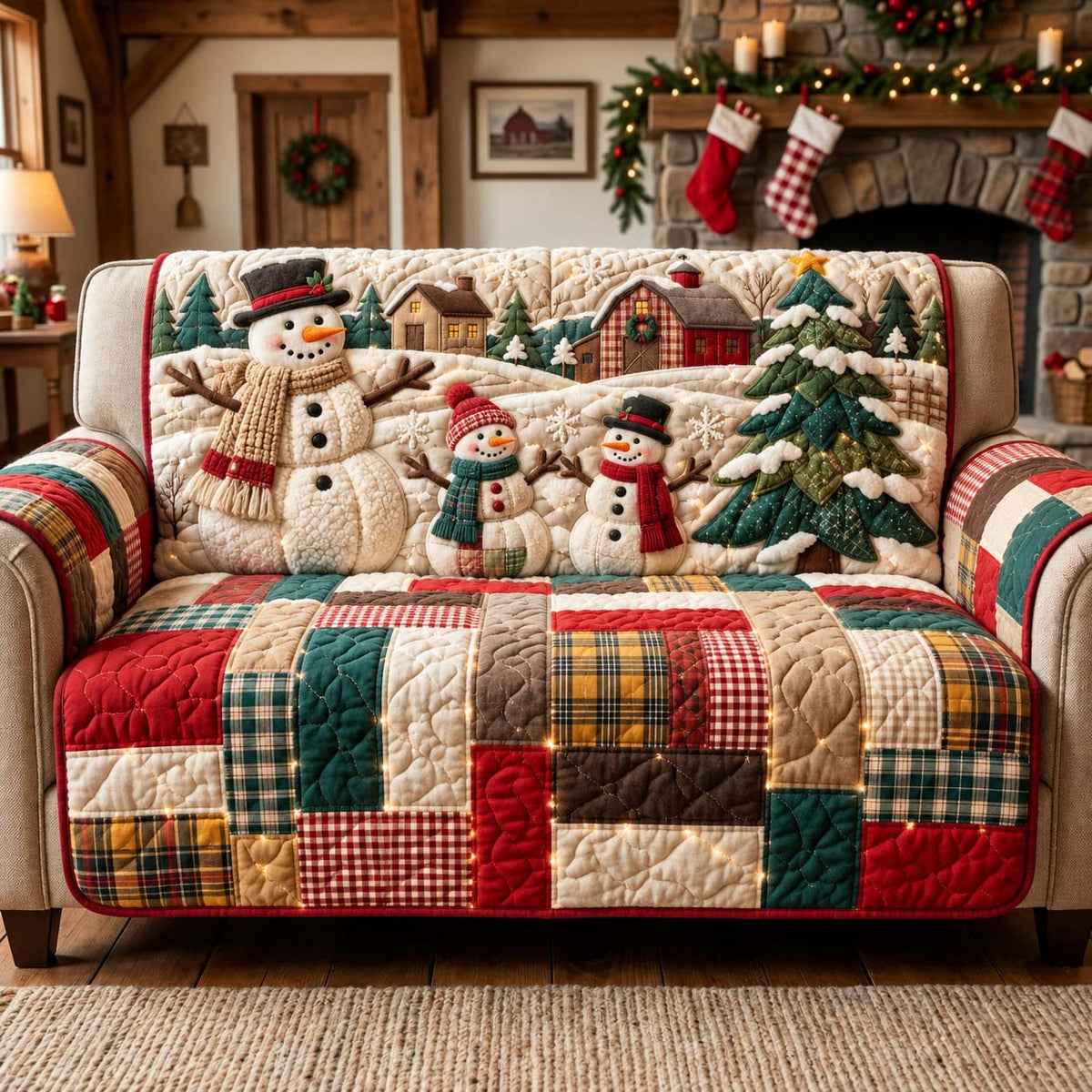 Snowman Family Christmas Quilted Sofa Cover GFTONTD3471
