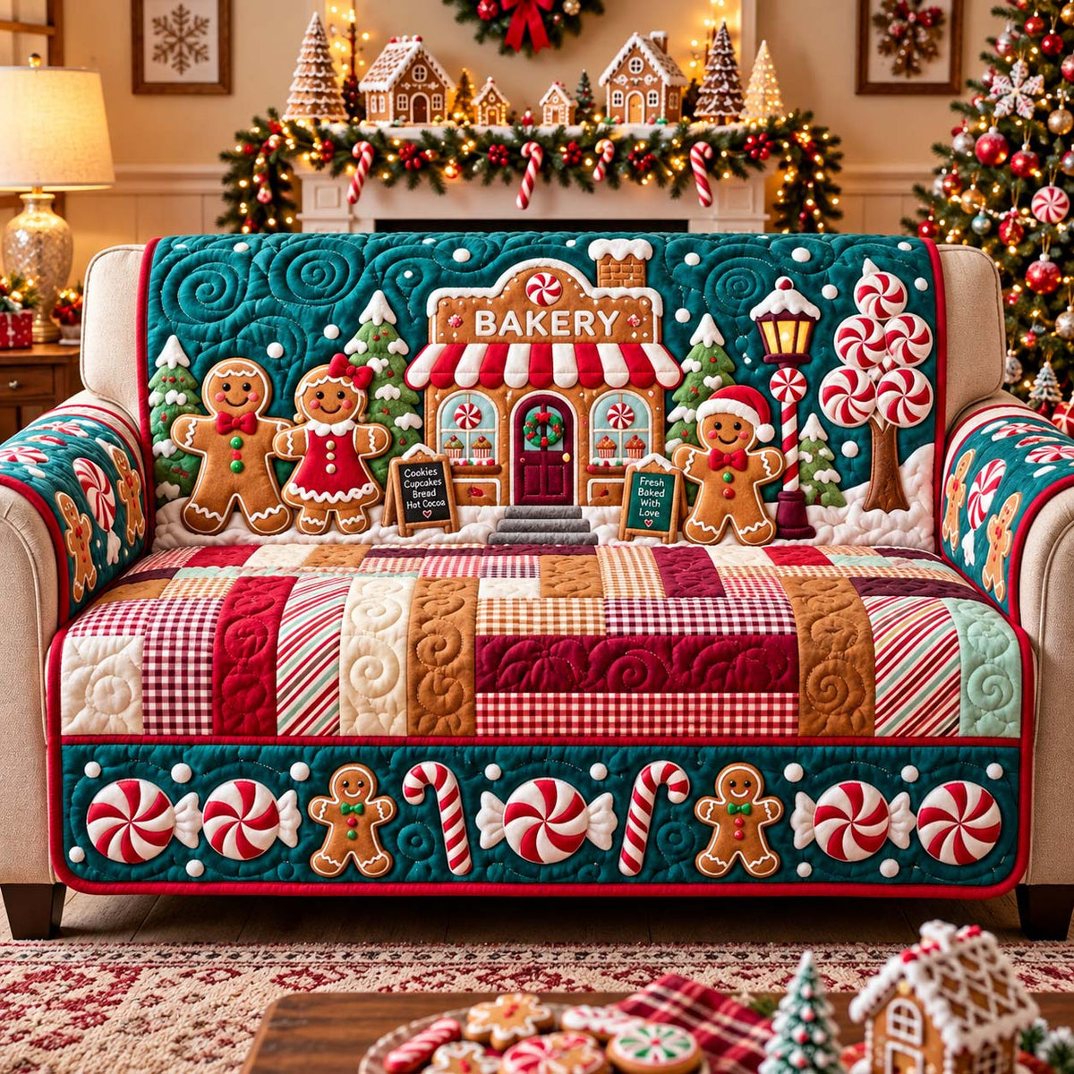 Christmas Bakery Lane Quilted Sofa Cover GFTONTD3478