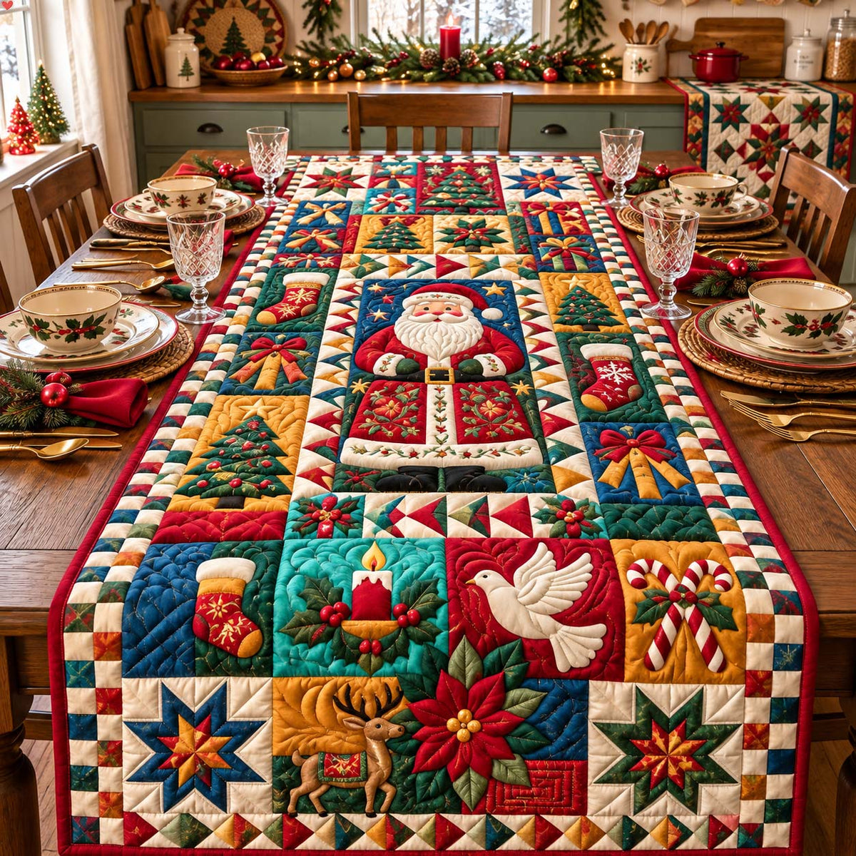 Santa Patchwork Wishes Quilted Table Runner GFTONTD3556