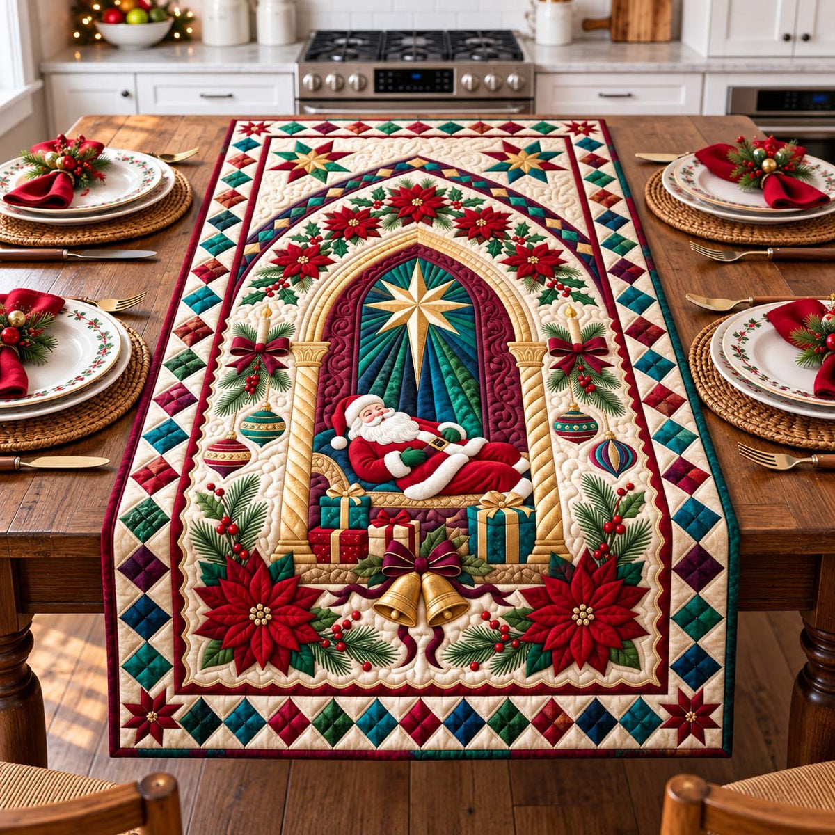 Christmas Star Santa Quilted Table Runner GFTONTD3558